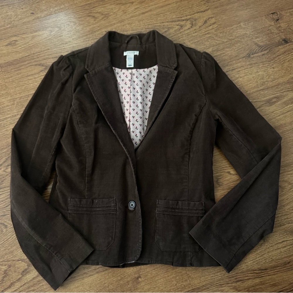 Old Navy Y2K Dark Brown corduroy Blazer lined small one button puff sleeve vgt